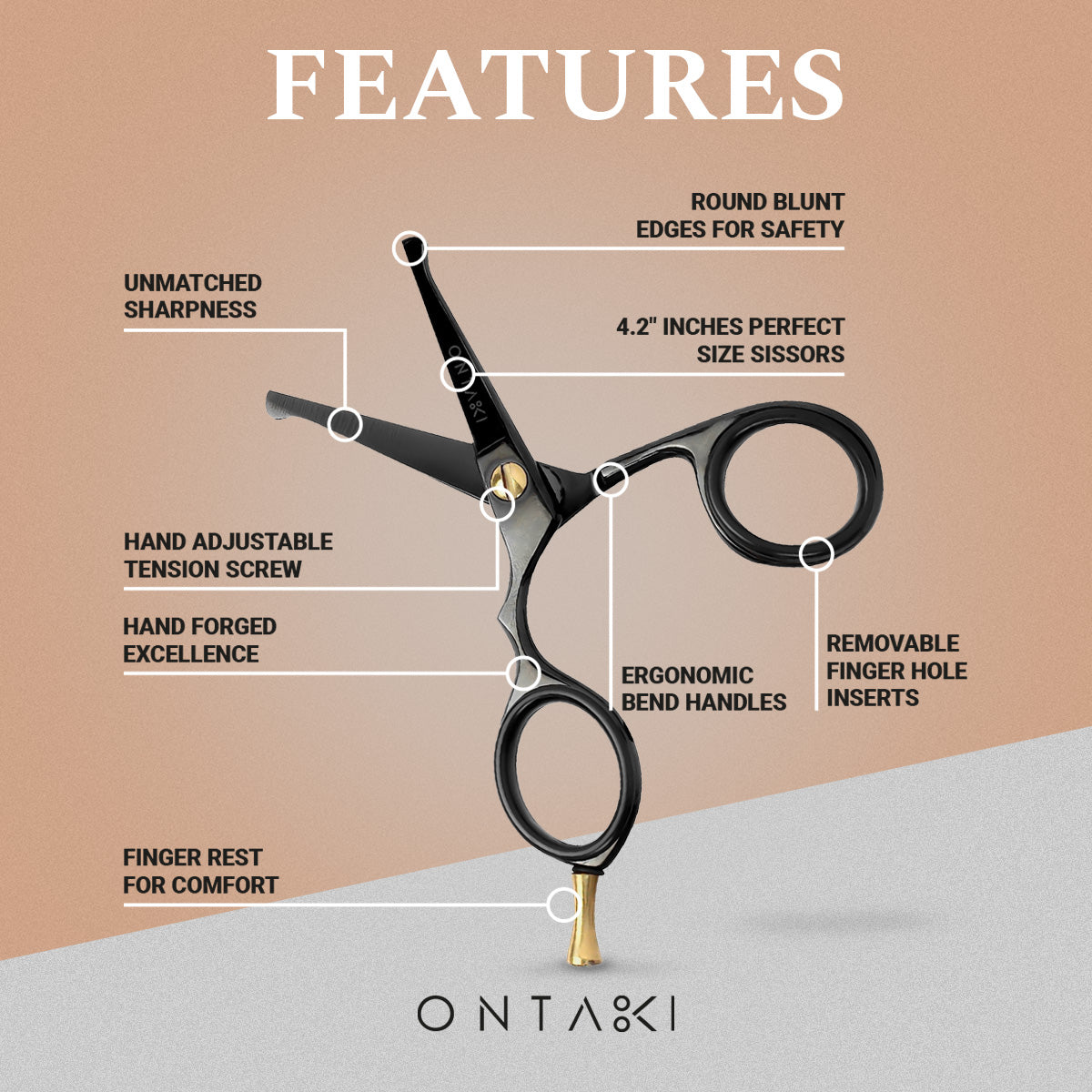 ONTAKI Japanese Steel Rounded-Tip Beard & Mustache Scissors (4.2") Black