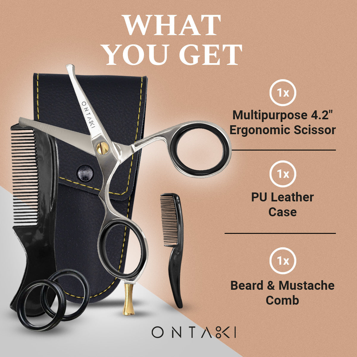 ONTAKI Japanese Steel Rounded-Tip Beard & Mustache Scissors (4.2") Silver