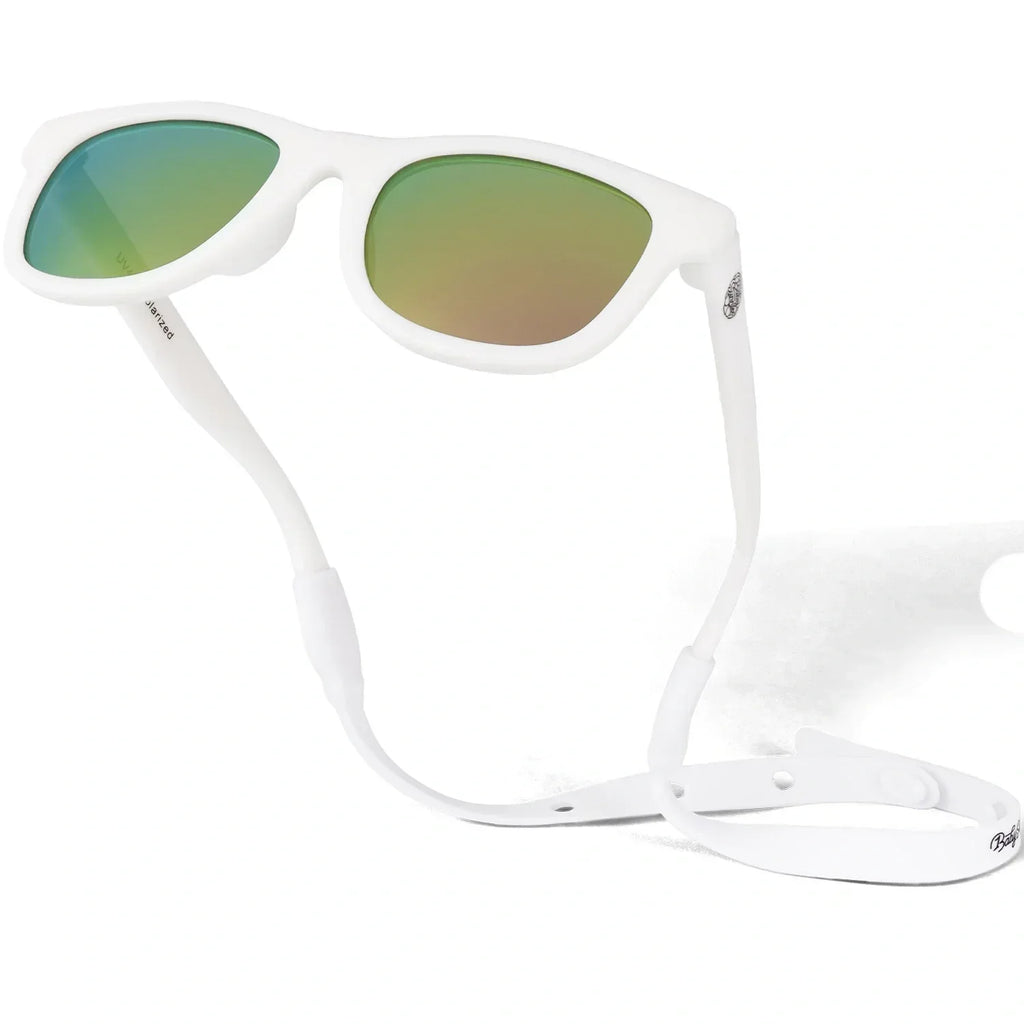 White polarized baby sunglasses with adjustable strap, UV400 protection, 0-24 months.