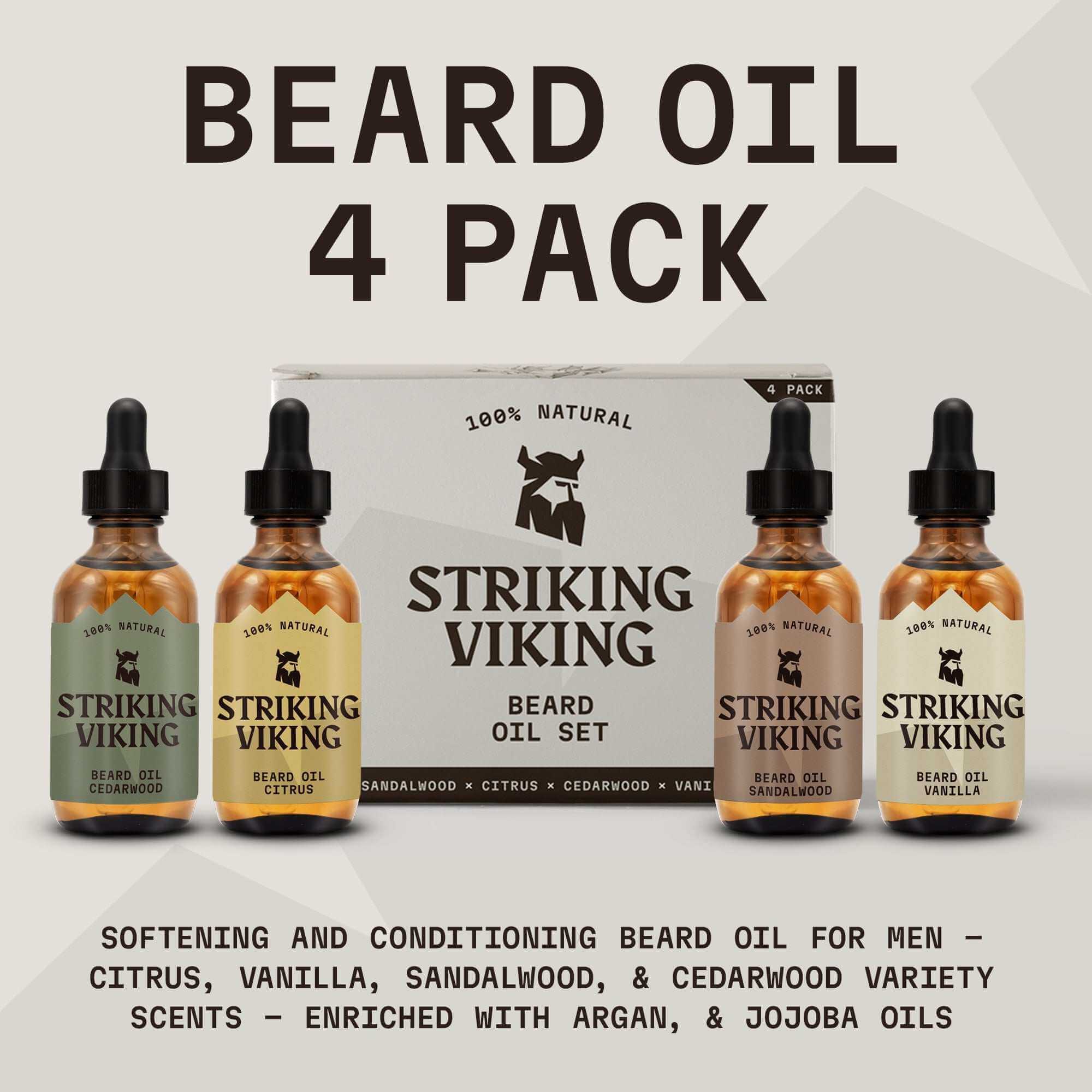 Beard Oil Variety 4 Pack Set with Citrus, Vanilla, Sandalwood, Cedarwood scents; natural ingredients for healthy beard care.