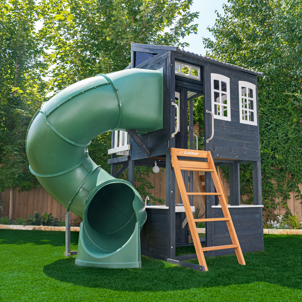 KidKraft Cozy Escape Spielturm mit Rutsche – Zweistöckiges Outdoor Klettergerüst mit Tunnelrutsche, Kletterwand & Spielküche