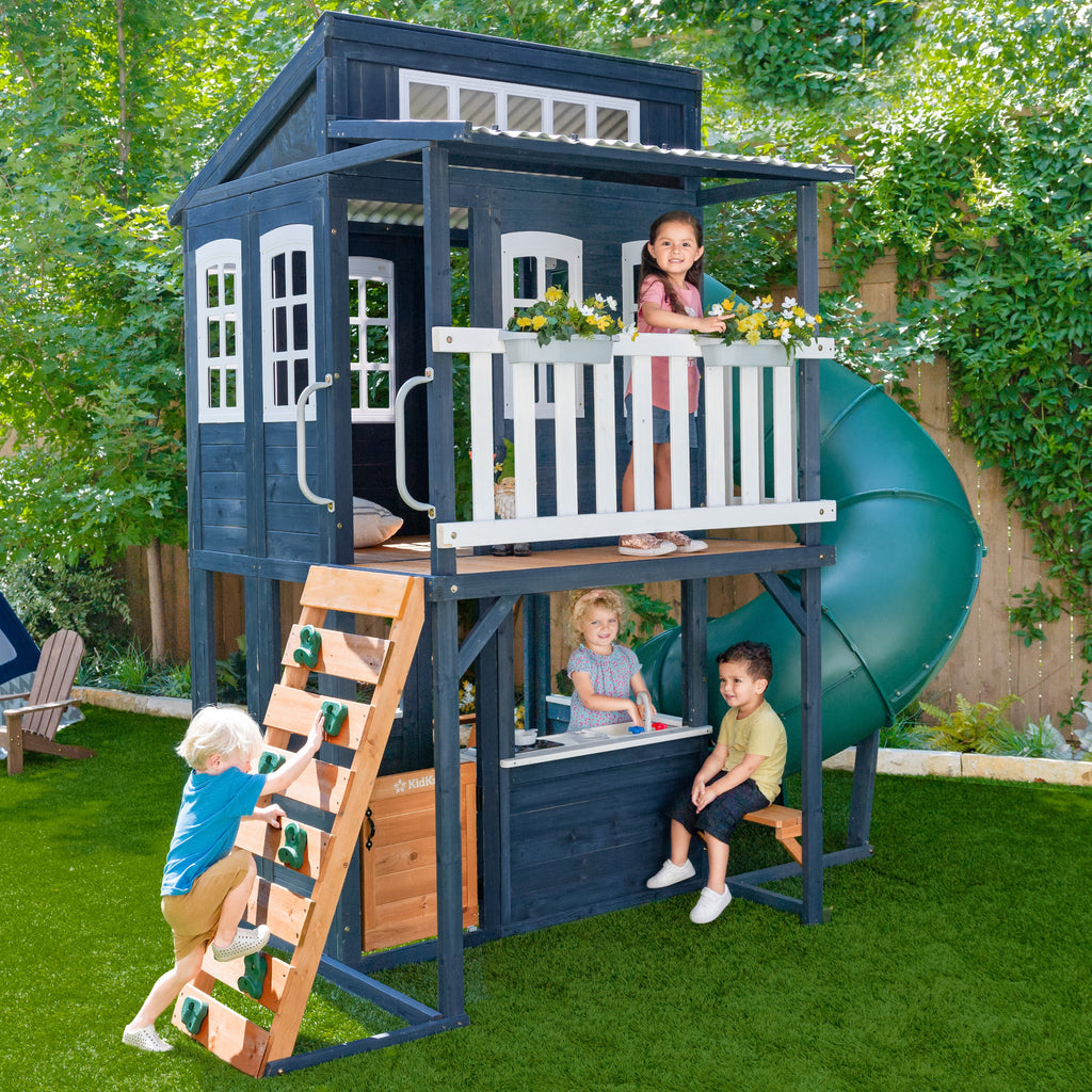 KidKraft Cozy Escape Spielturm mit Rutsche – Zweistöckiges Outdoor Klettergerüst mit Tunnelrutsche, Kletterwand & Spielküche