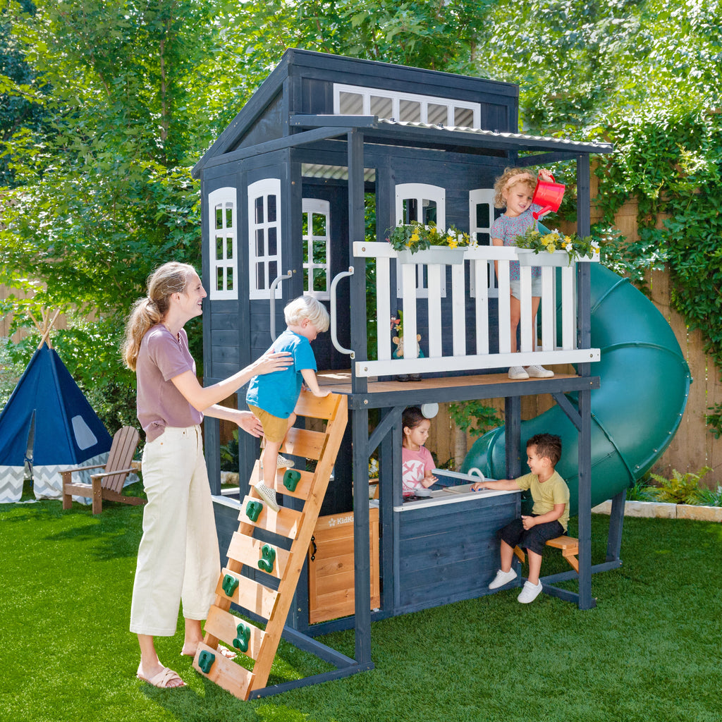 KidKraft Cozy Escape Spielturm mit Rutsche – Zweistöckiges Outdoor Klettergerüst mit Tunnelrutsche, Kletterwand & Spielküche