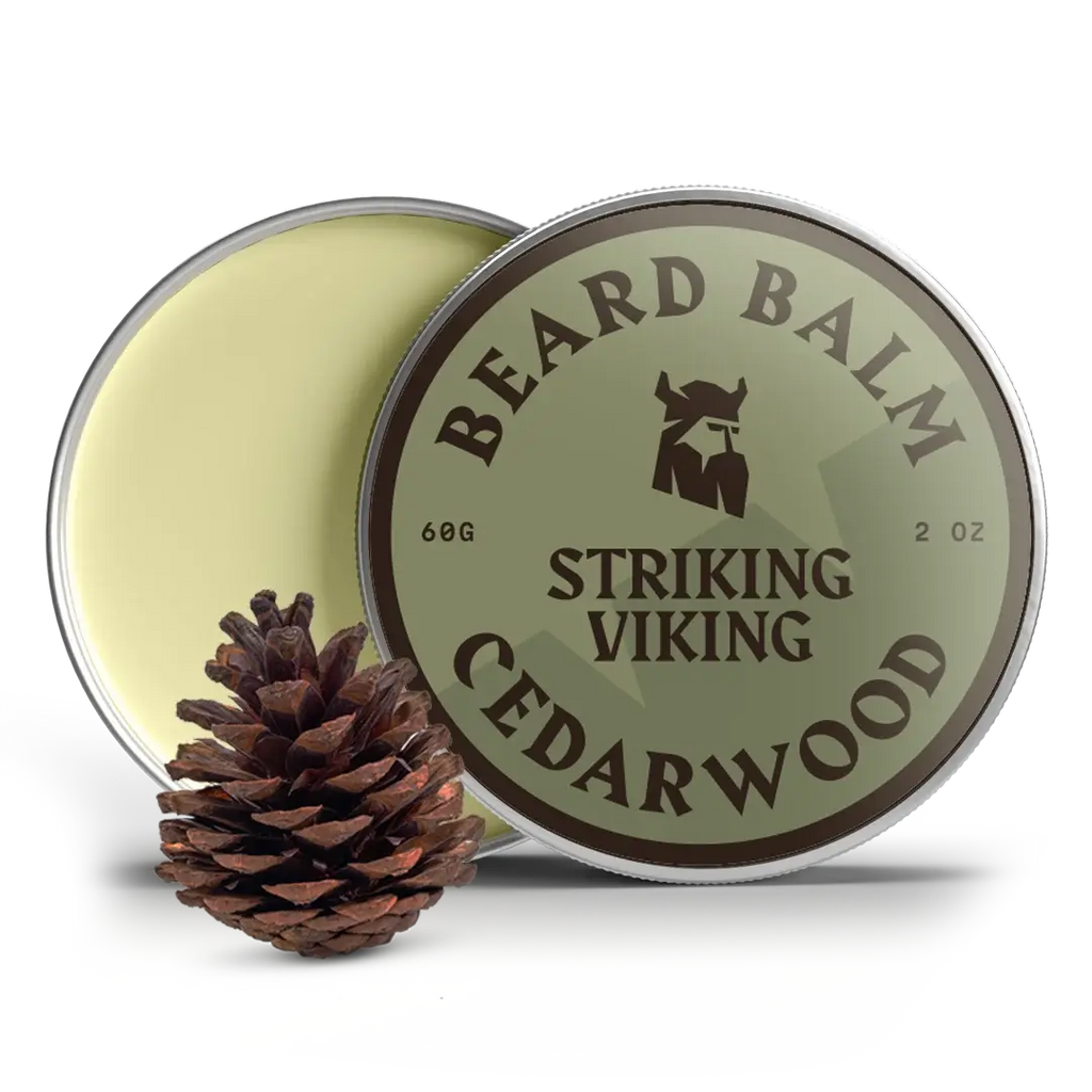 Cedarwood beard balm in tin, 2 oz, natural ingredients.