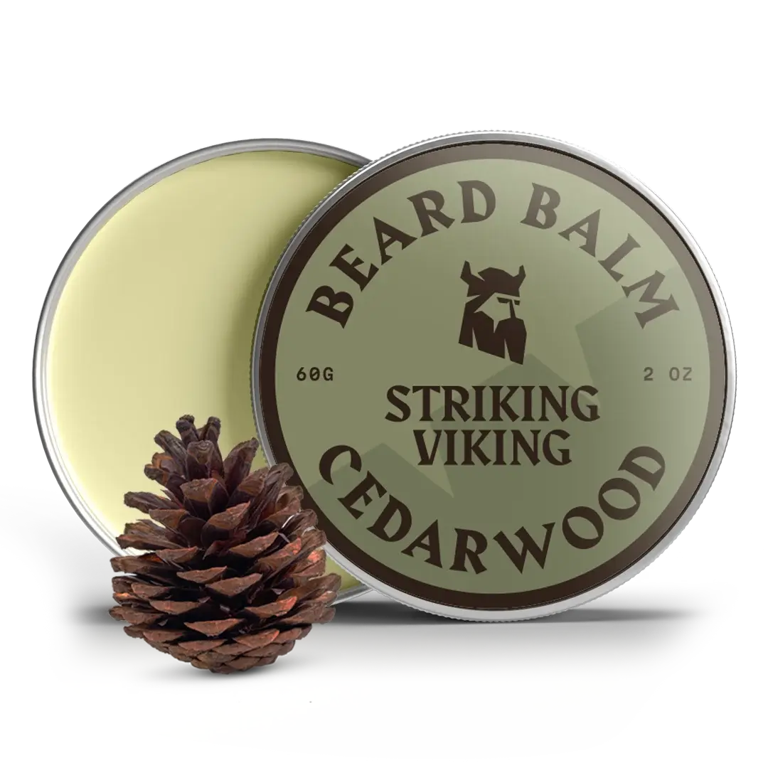 Cedarwood beard balm in tin, 2 oz, natural ingredients.