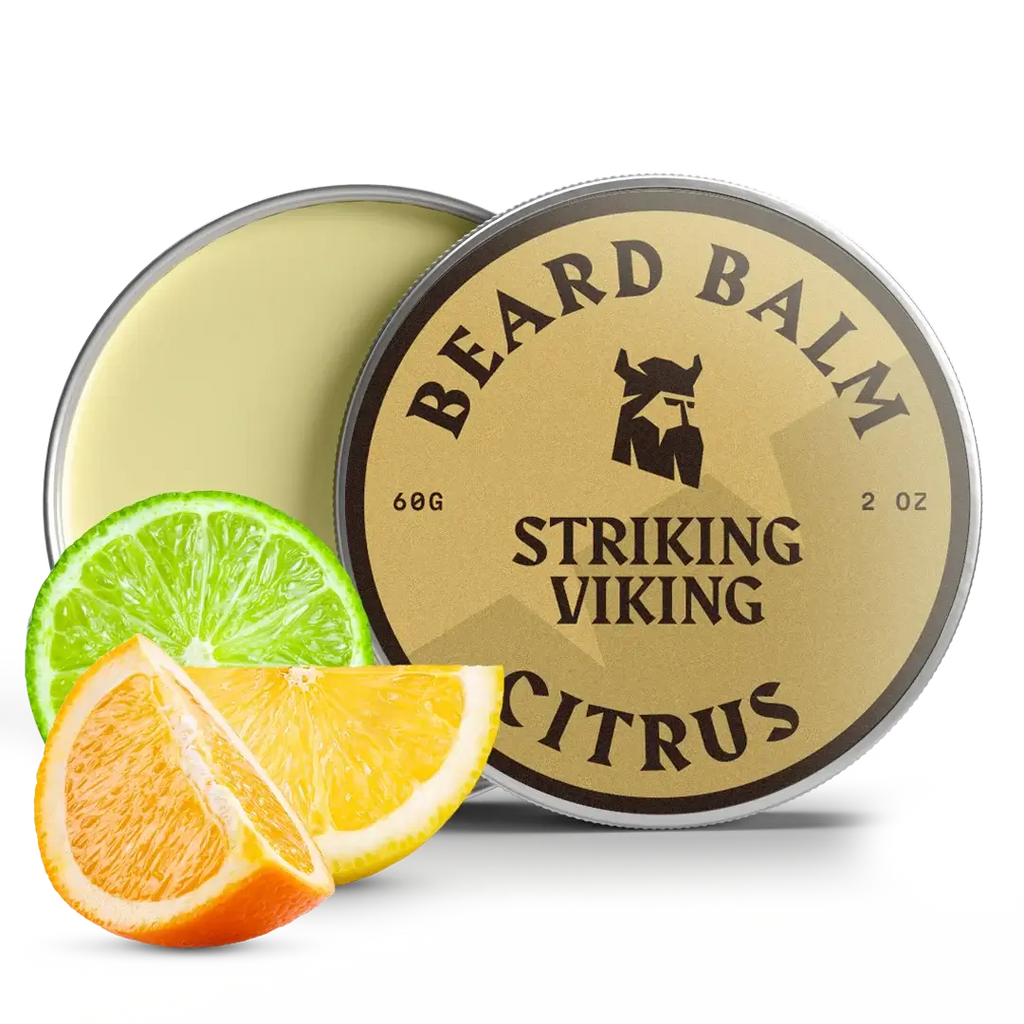 Citrus beard balm tin with lime and orange slice.