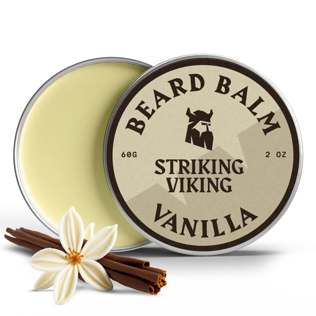 Beard Balm Vanilla tin with Striking Viking logo and vanilla decoration.