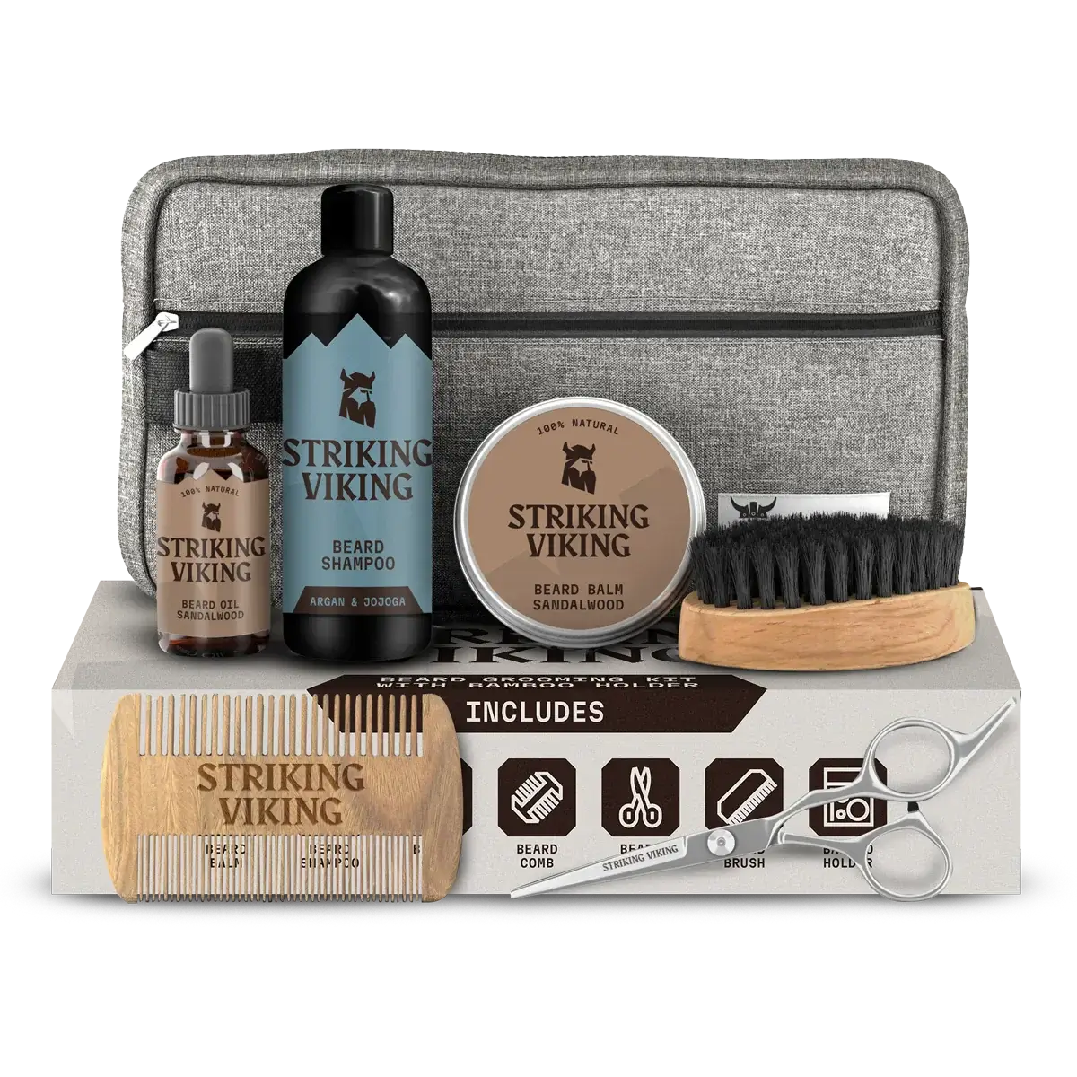Beard grooming kit for men with shampoo, balm, oil, brush, comb, scissors, toiletry bag, and gift box.