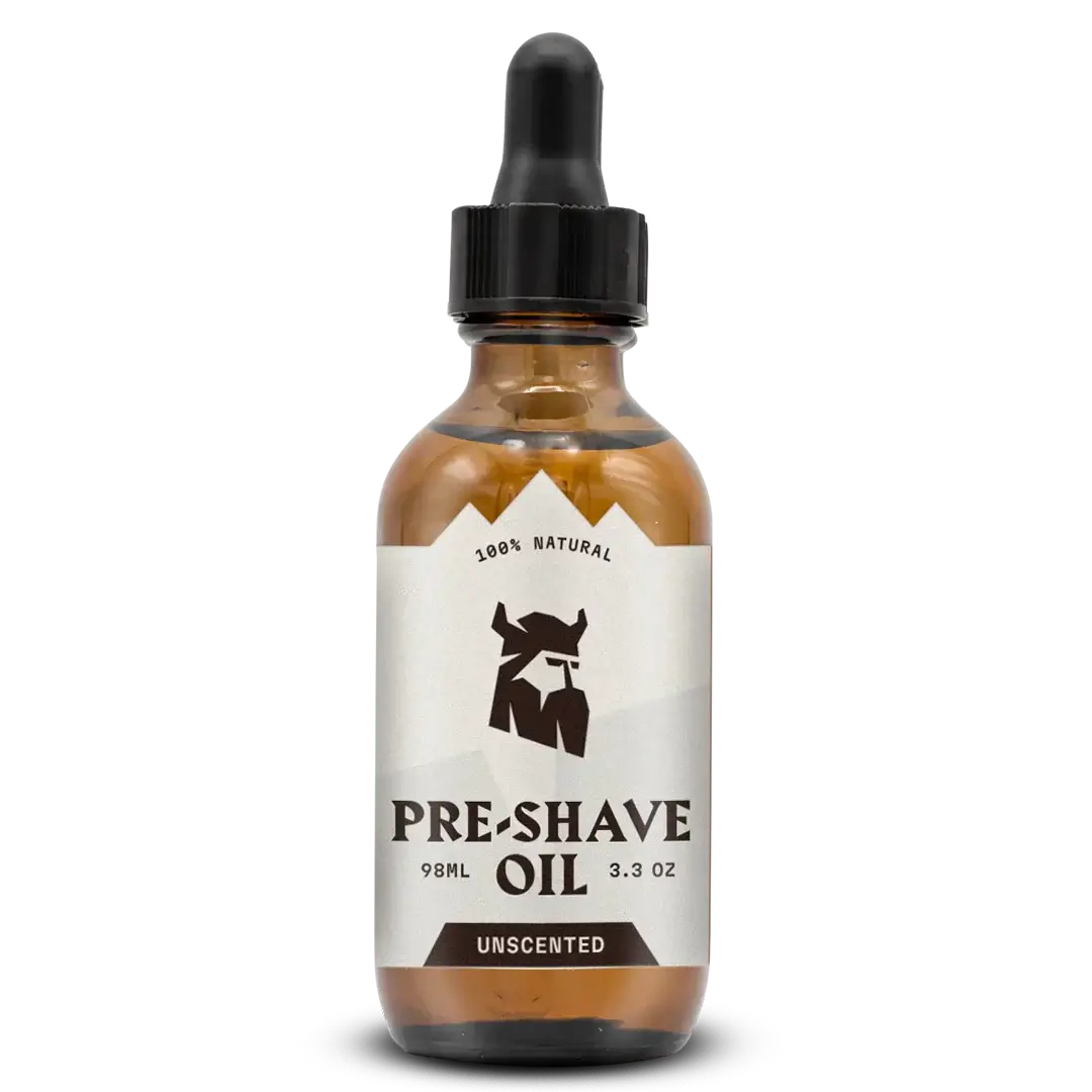 Unscented pre-shave oil for men in a glass bottle with dropper, offering enhanced glide and skin protection for smooth shaving.