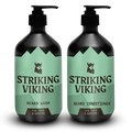 Beard Shampoo and conditioner set with tea tree and biotin bottles by Striking Viking.