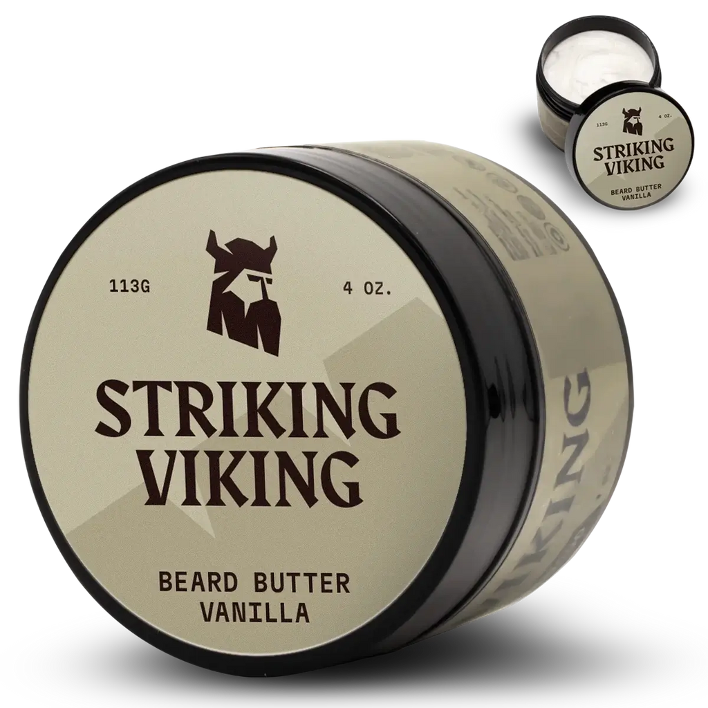 Beard Butter Vanilla by Striking Viking in a 4 oz container, designed for intense moisturization and long-lasting fragrance.