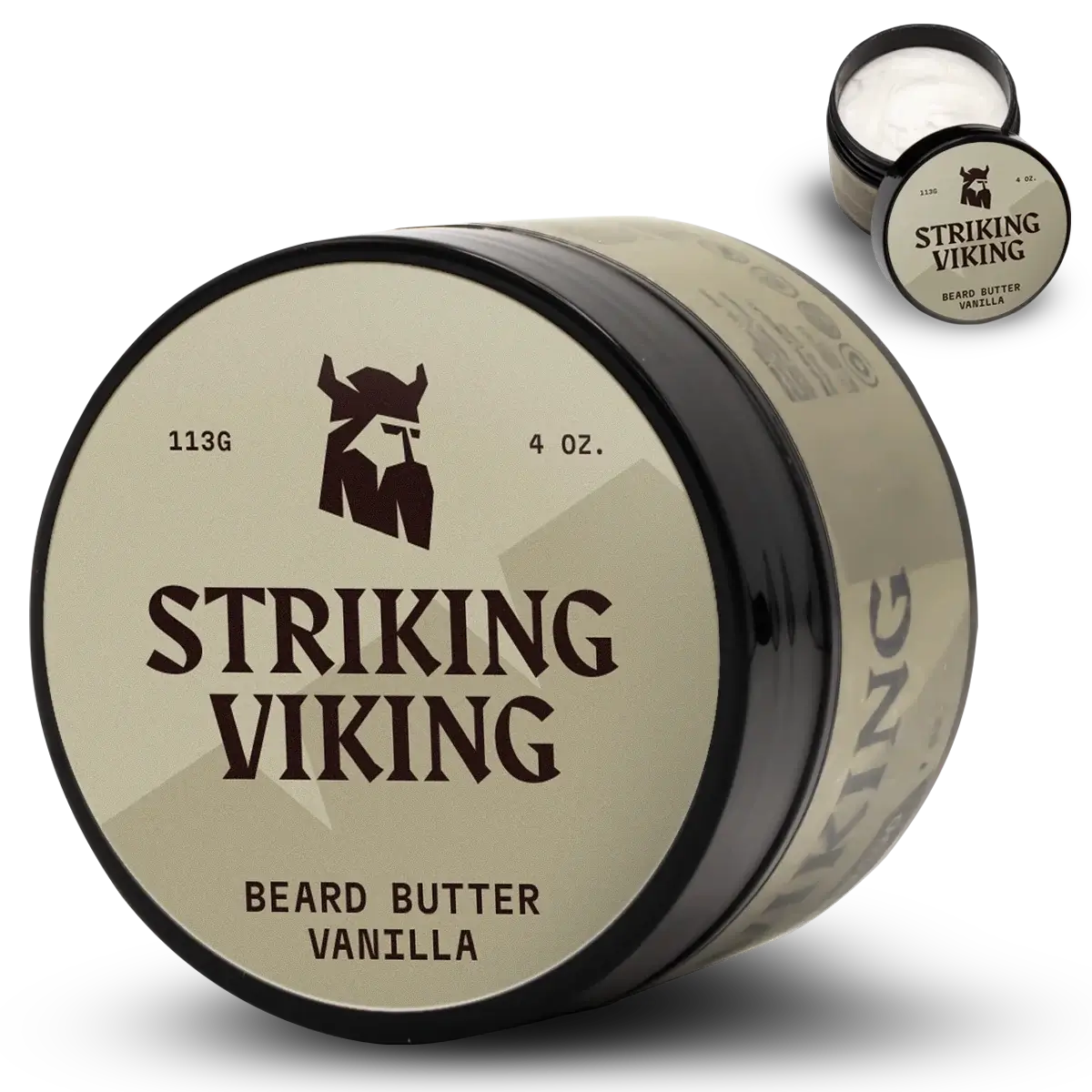 Beard Butter Vanilla by Striking Viking in a 4 oz container, designed for intense moisturization and long-lasting fragrance.