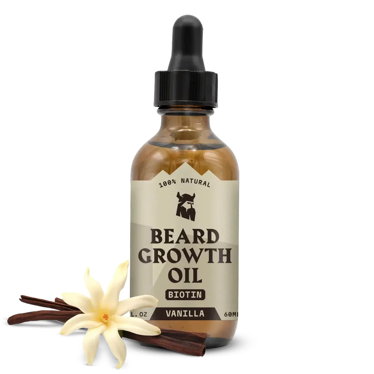 Beard Growth Oil for men with vanilla scent, featuring biotin, in a brown dropper bottle.