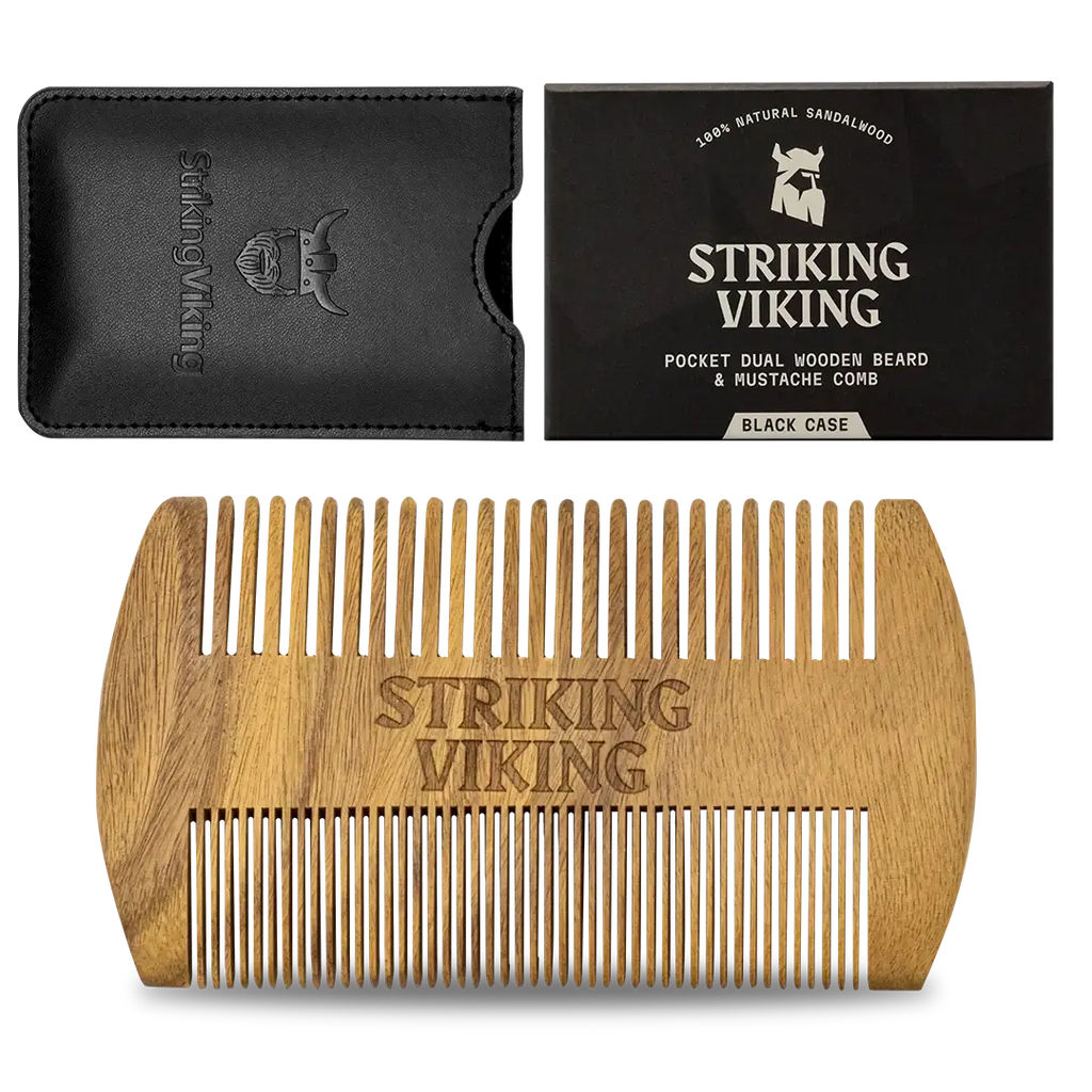 Sandalwood wooden beard comb with black case and box, dual-sided, hypoallergenic.