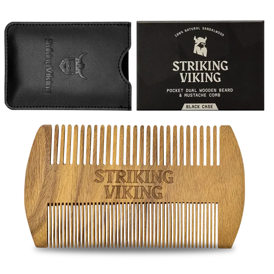 Sandalwood wooden beard comb with black case and box, dual-sided, hypoallergenic.