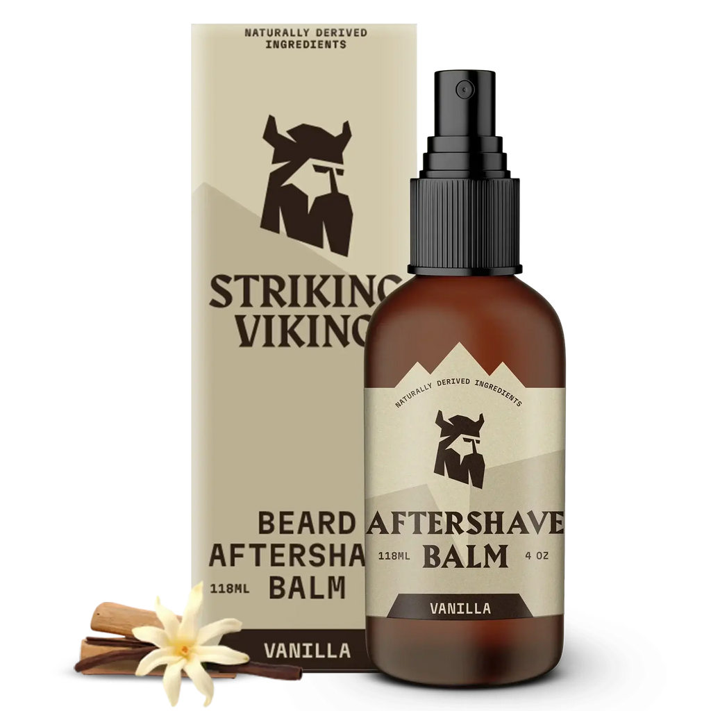 Vanilla after shave balm for men with nourishing formula and soothing fragrance.