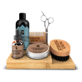 Wooden Beard Care Caddy made of natural bamboo, holds grooming essentials for stylish bathroom organization.