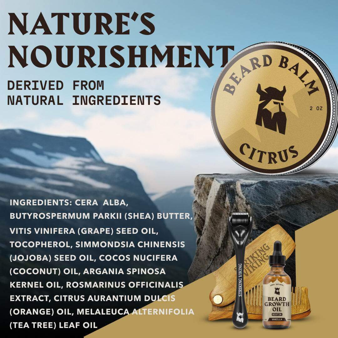 Citrus-scented beard balm tin on a rocky landscape with natural ingredient list; promotes healthy, shiny beard.