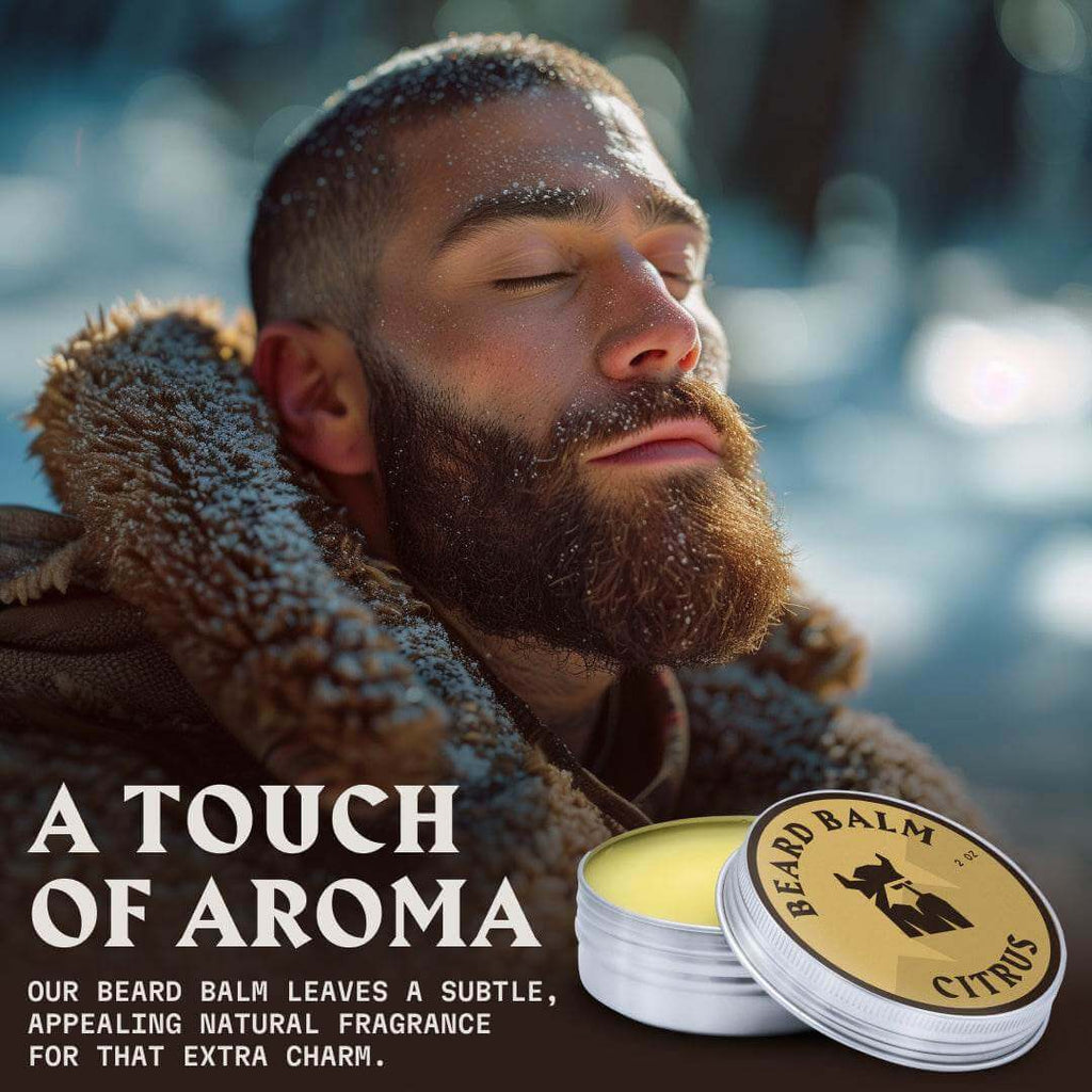Citrus beard balm tin with a rugged man enjoying the fresh aroma outdoors.