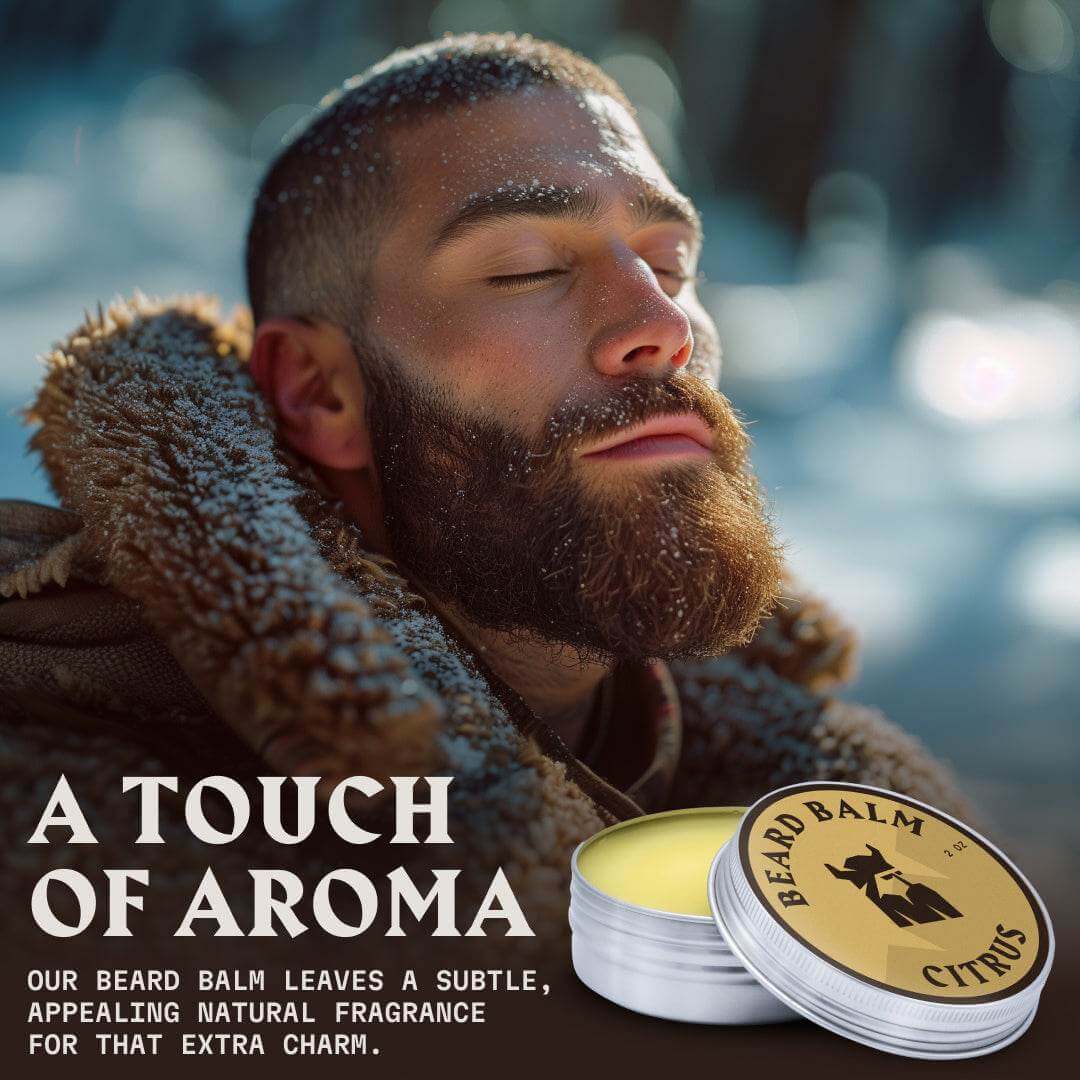 Citrus beard balm tin with a rugged man enjoying the fresh aroma outdoors.