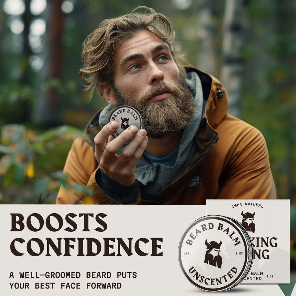 Man using Beard Balm Unscented, 2 oz jar, all-natural, grooming product for superior beard control.