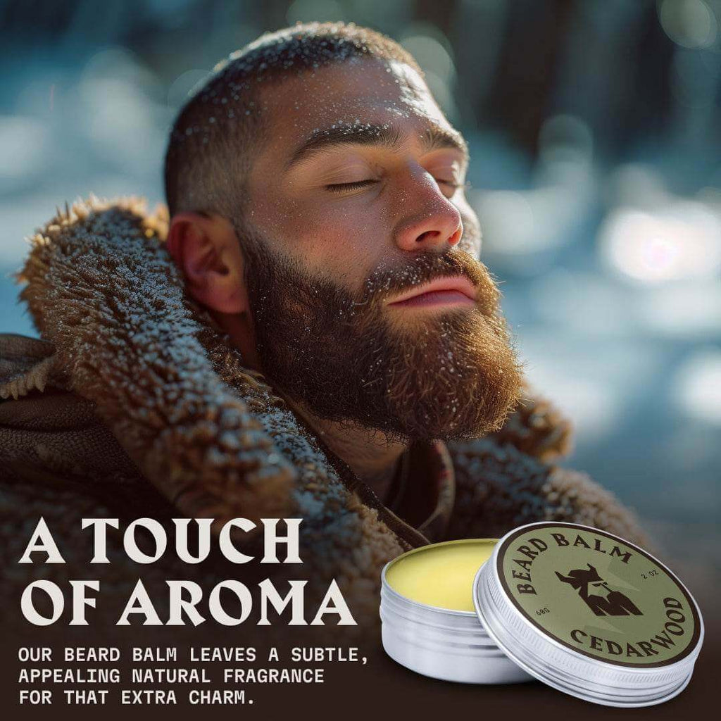 Bearded man enjoying the fragrance of Striking Viking Cedarwood Beard Balm, with product tin in foreground.