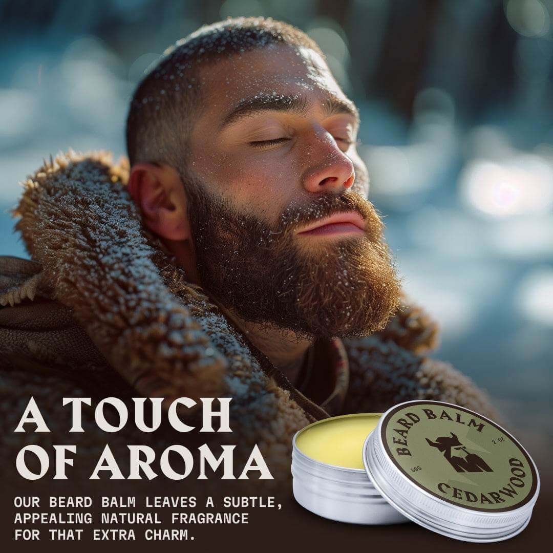 Bearded man enjoying the fragrance of Striking Viking Cedarwood Beard Balm, with product tin in foreground.