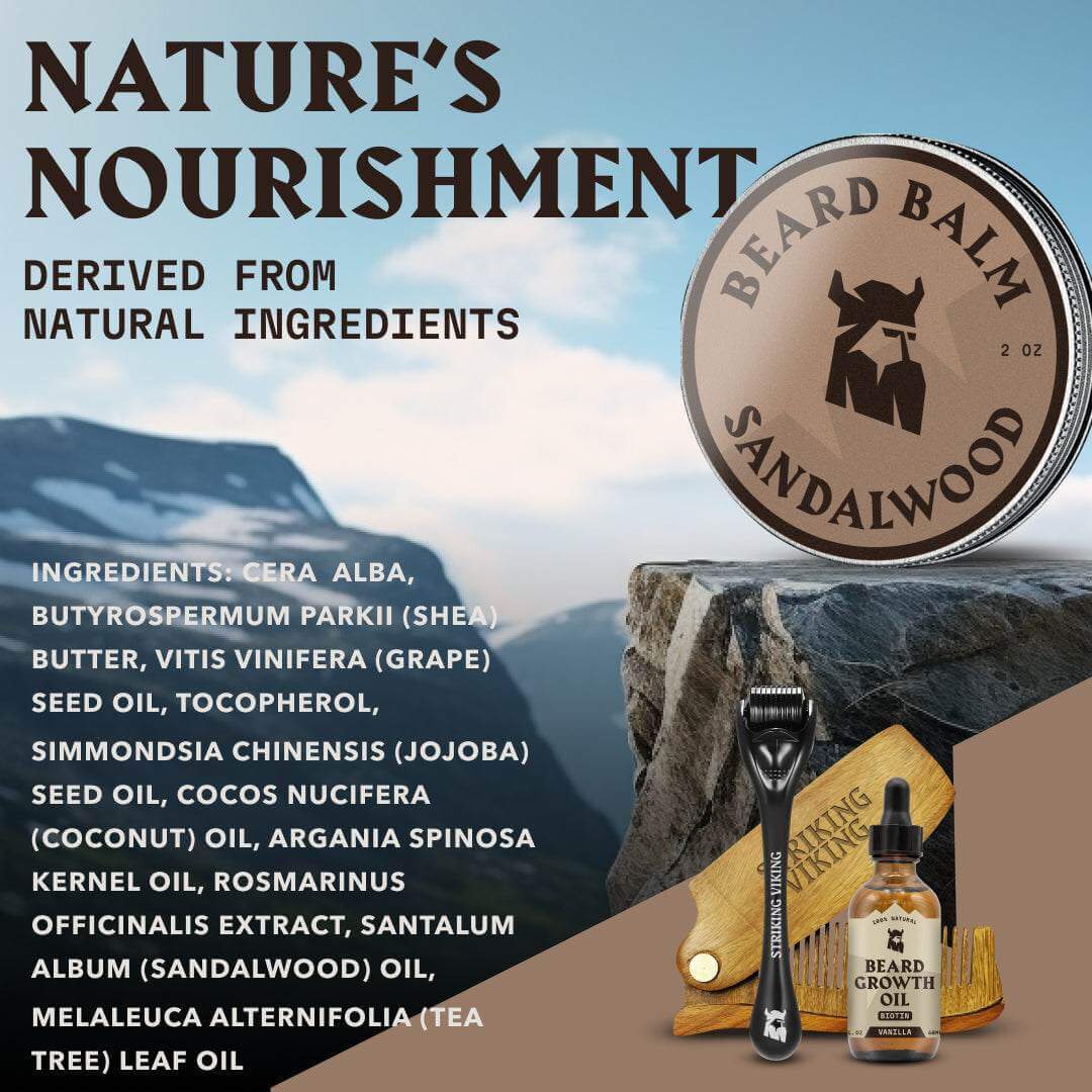 Beard Balm Sandalwood with natural ingredients, featuring 2 oz tin, promotes healthy, full-looking beard.