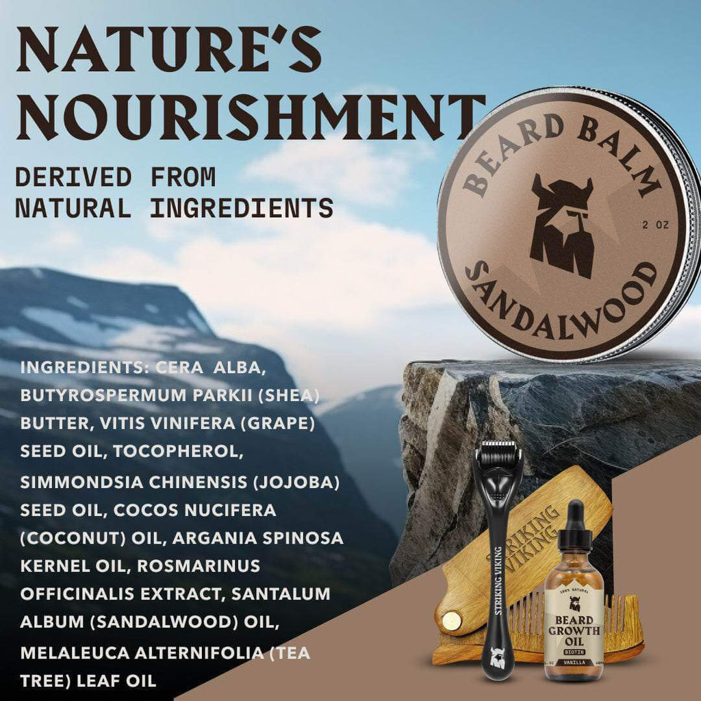 Beard Balm Sandalwood with natural ingredients, featuring 2 oz tin, promotes healthy, full-looking beard.