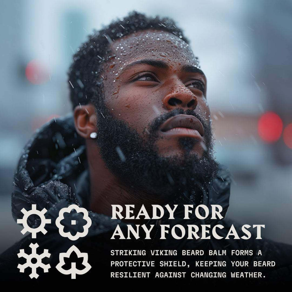 Bearded man with snowflakes, showcasing the nourishing and protective Striking Viking Vanilla Beard Balm against changing weather.