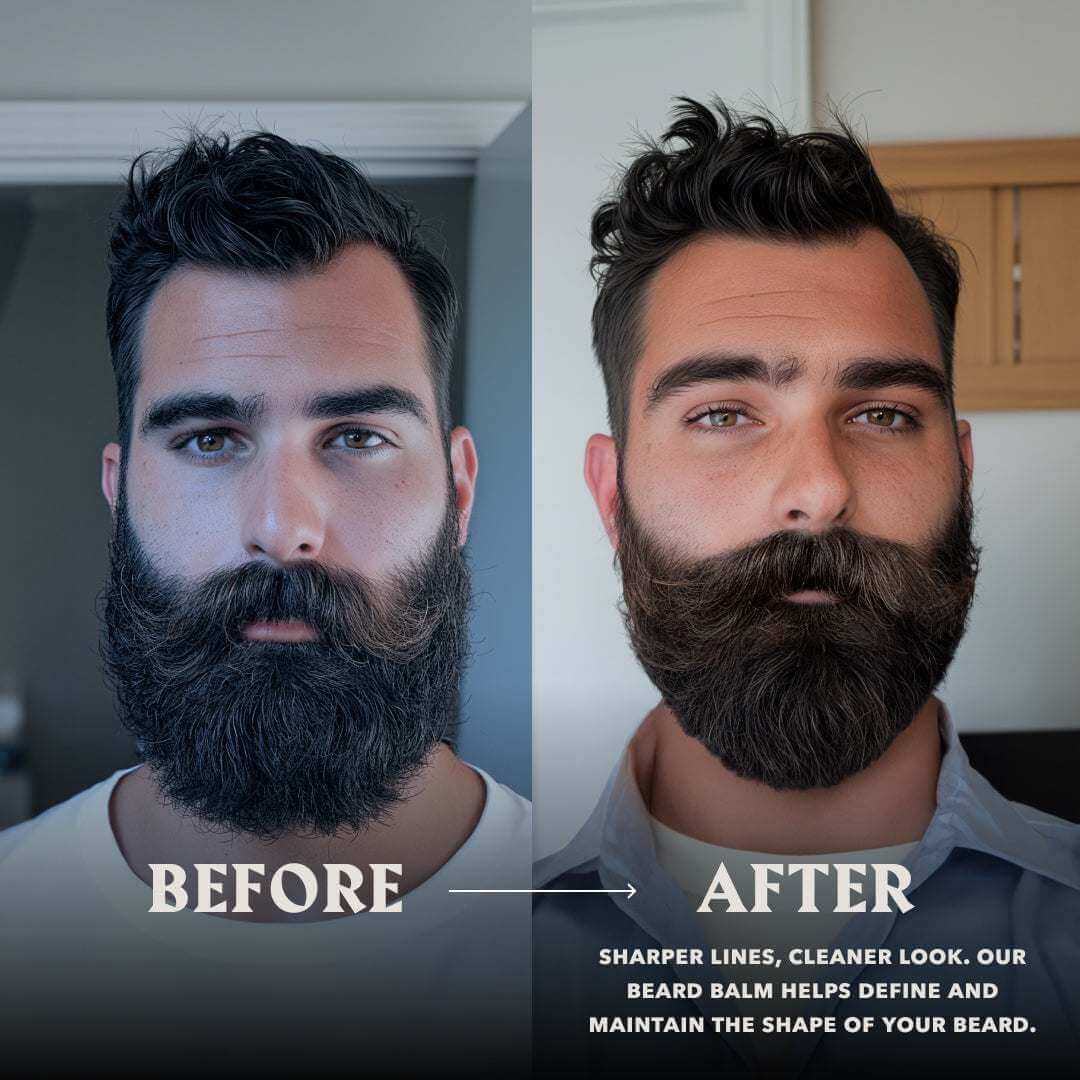 Before and after image showing beard transformation using Vanilla Beard Balm, enhancing smoothness and shape.