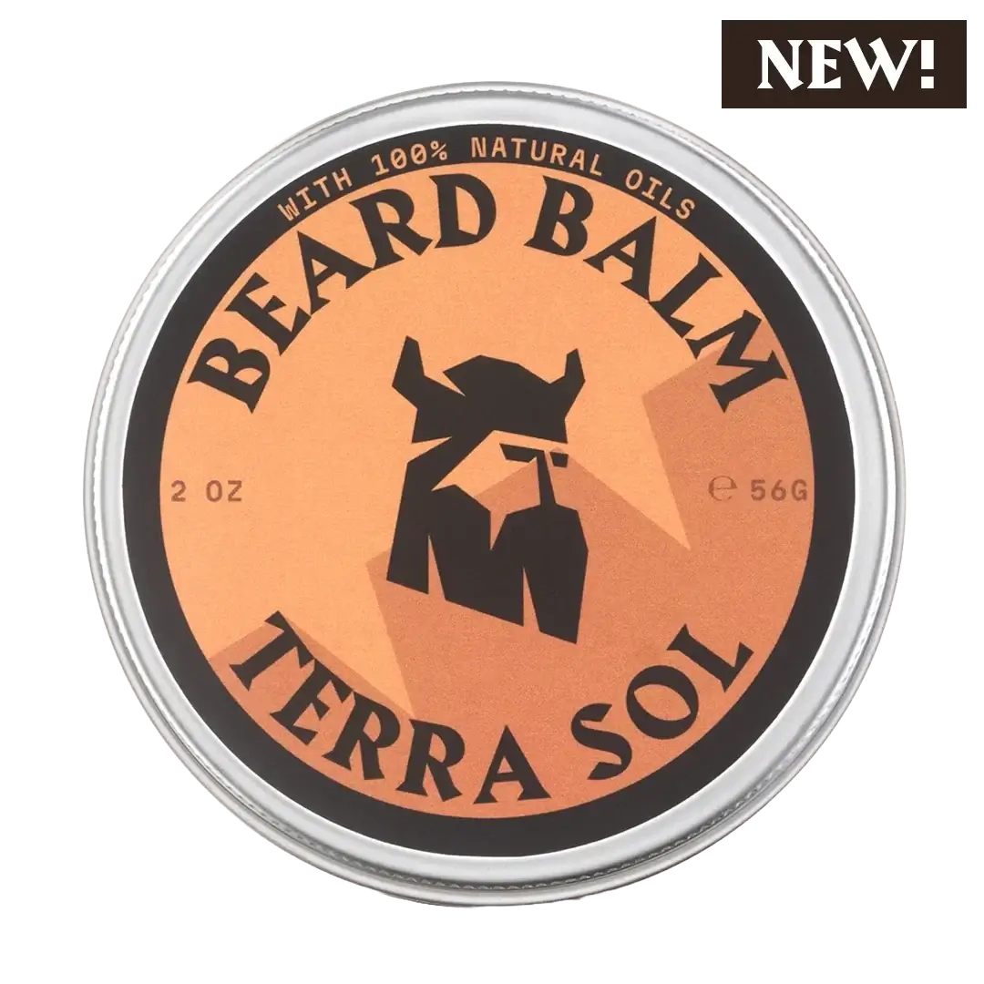 Terra Sol Beard Balm tin with natural oils for beard care and styling, 2 oz container