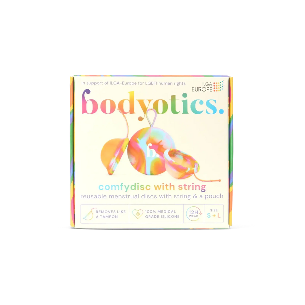 Bodyotics Comfydisc Rainbow Edition reusable menstrual discs with string and carrying pouch, rainbow design, 12-hour leak-proof comfort, body-safe silicone, supports LGBTI rights