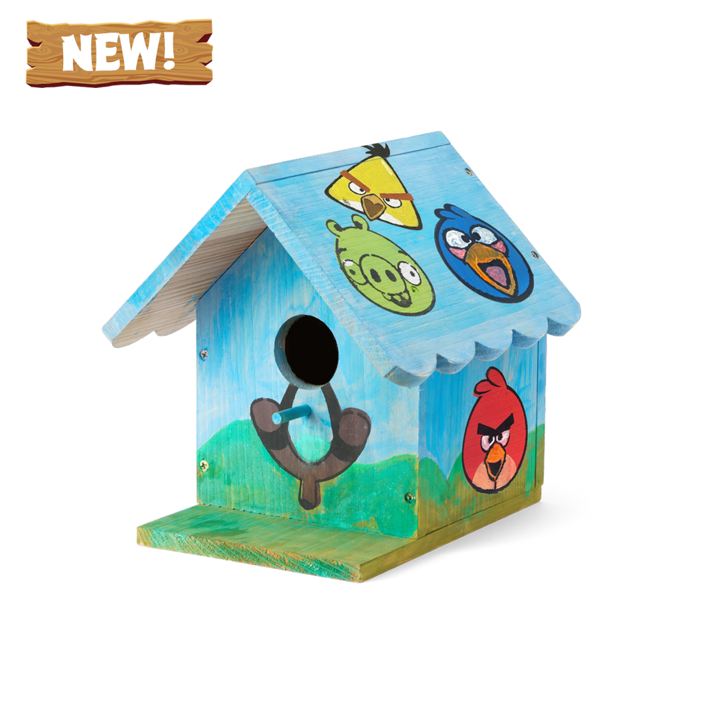 WildYard X Angry Birds™ DIY Birdhouse Kit fully painted with Red, Chuck, Blue Bird and Pig characters on a natural cedar birdhouse