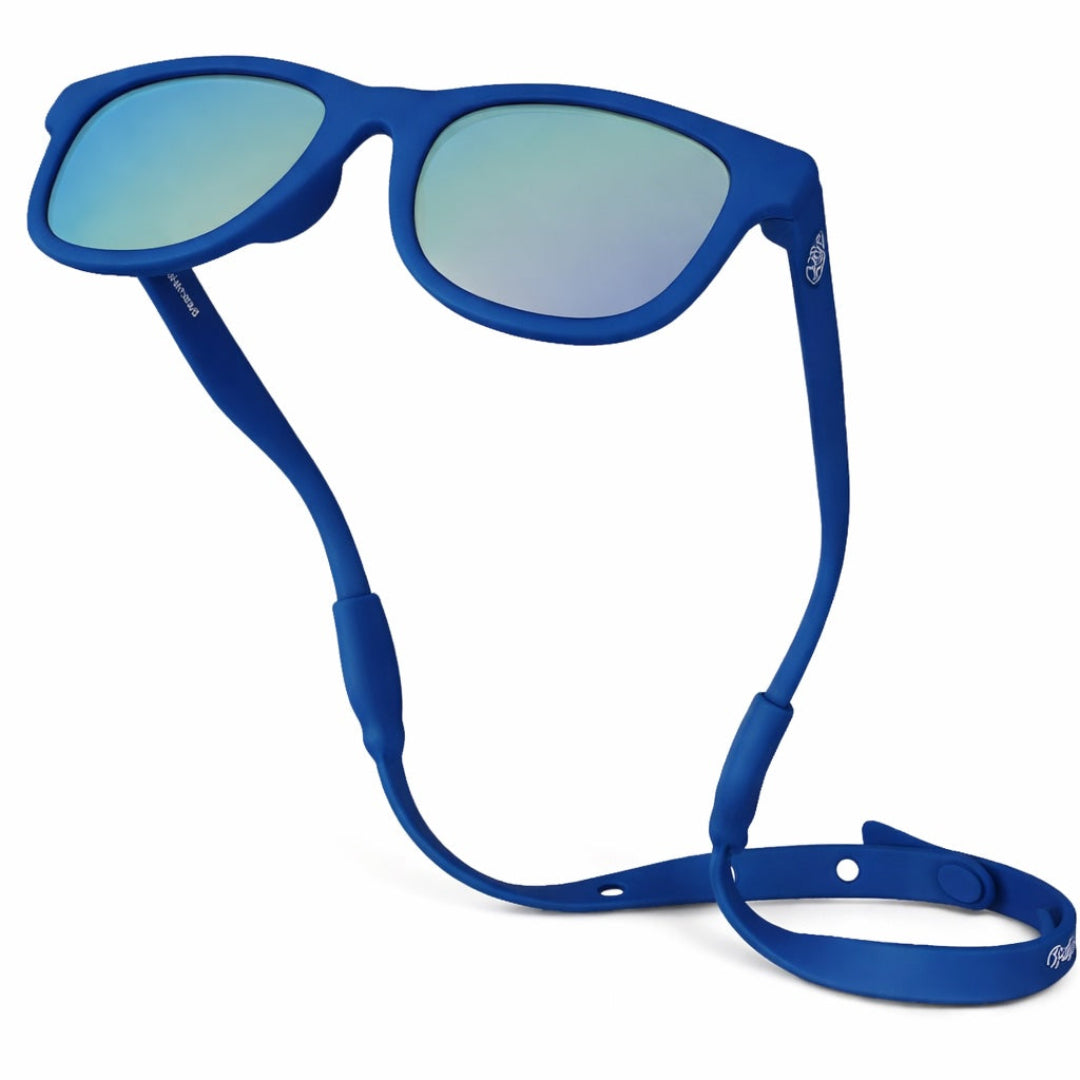 Blue sunglasses with a matching blue strap on a white background