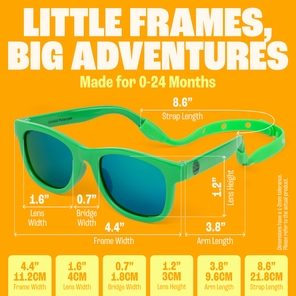BABY SUNNIES Polarized Baby Sunglasses - Hulk Green, 0-24 Months - UV400 Protection & Infant Essentials - Shatter Resistant & Toddler Sunglasses - Adjustable Strap & Baby Beach Essentials