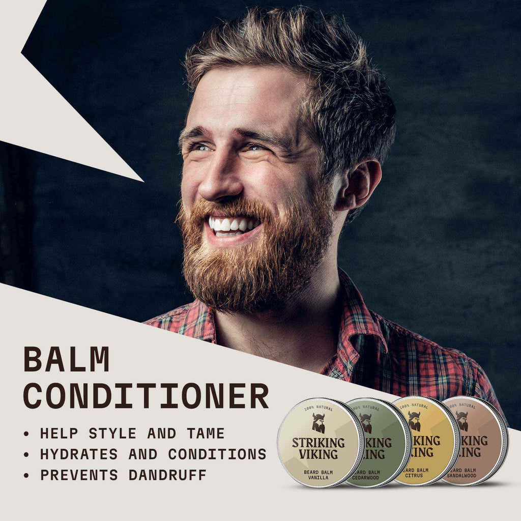 Beard Balm Variety 4 Pack Set with natural ingredients for styling and conditioning.