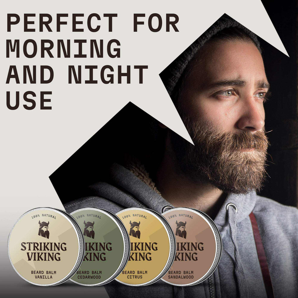 Beard Balm Variety 4 Pack Set with Citrus, Vanilla, Cedarwood, Sandalwood scents.