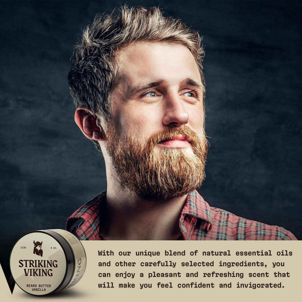 Bearded man with vanilla-scented Striking Viking beard butter product.