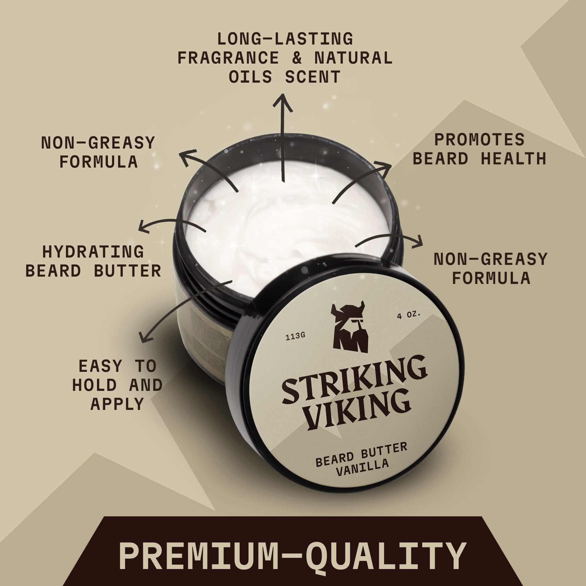 Premium-quality vanilla beard butter, non-greasy formula for intense moisturization and long-lasting fragrance.