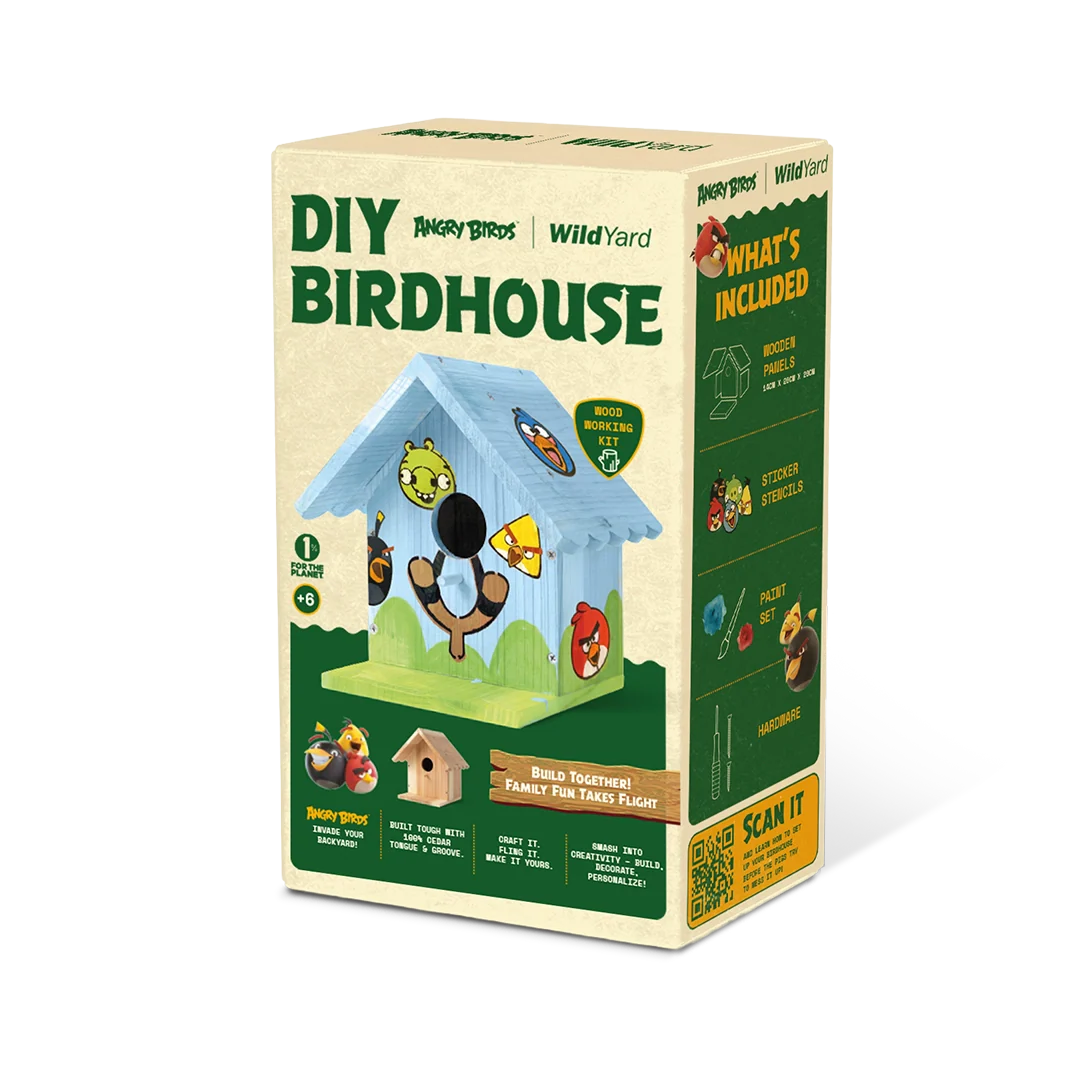 WildYard X Angry Birds™ DIY Birdhouse Kit retail box showing what's included