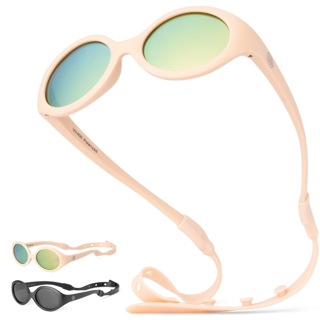 BABY SUNNIES Polarized Baby Sunglasses - Oval Peach - UV400 Lens For Baby Eye Protection - Sunglasses for Toddler with Case - Secure Fit with Strap