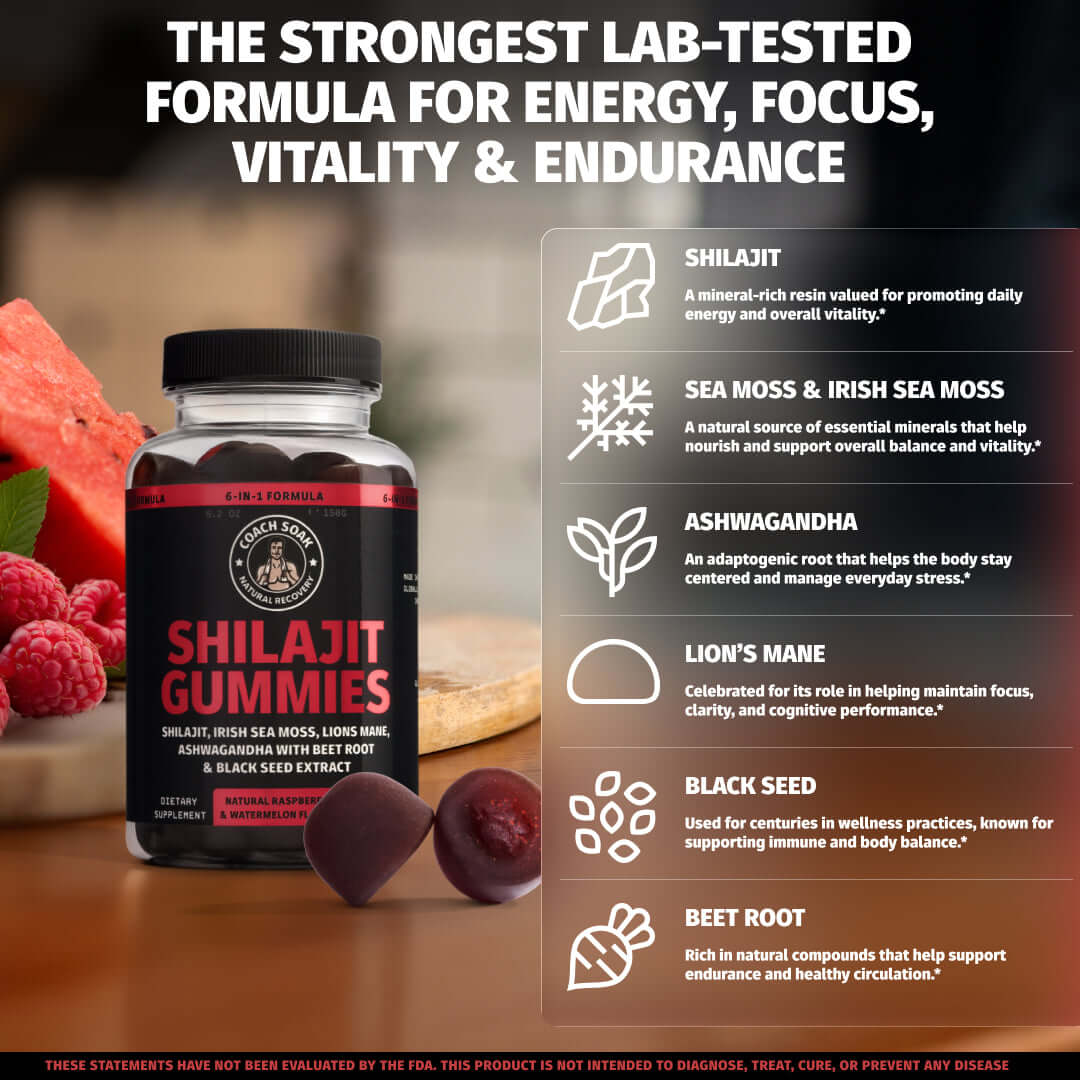 Coach Soak 6-in-1 Gummy Complex - Shilajit, Ashwagandha, Lions Mane, Sea Moss, Black Seed, Beet Root - 60ct - Raspberry Watermel