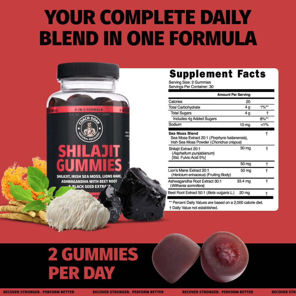 Coach Soak 6-in-1 Gummy Complex - Shilajit, Ashwagandha, Lions Mane, Sea Moss, Black Seed, Beet Root - 60ct - Raspberry Watermel