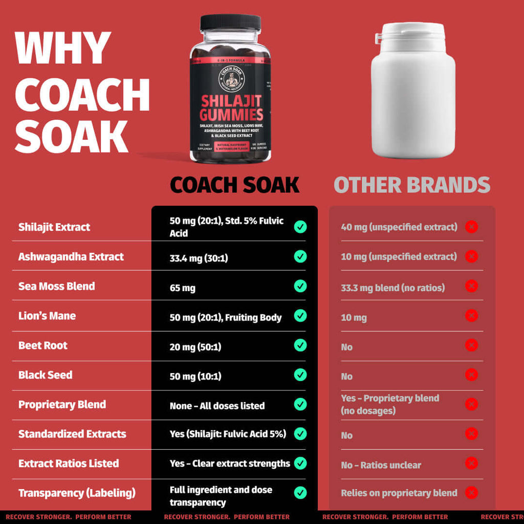 Coach Soak 6-in-1 Gummy Complex - Shilajit, Ashwagandha, Lions Mane, Sea Moss, Black Seed, Beet Root - 60ct - Raspberry Watermel