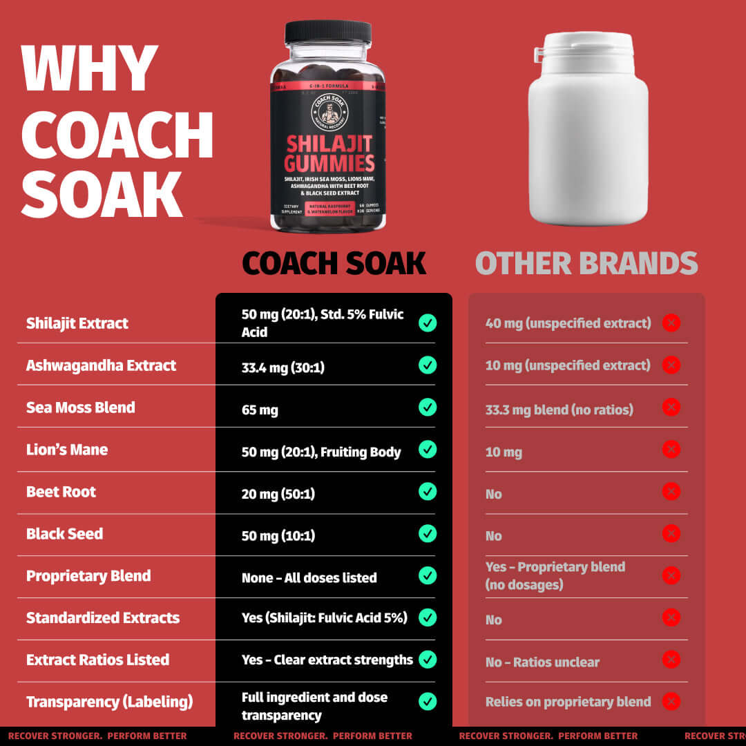 Coach Soak 6-in-1 Gummy Complex - Shilajit, Ashwagandha, Lions Mane, Sea Moss, Black Seed, Beet Root - 60ct - Raspberry Watermel