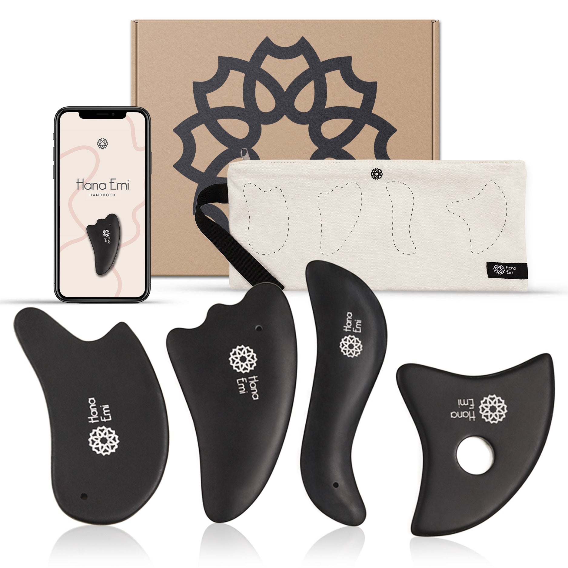 HaNaEmi Gua Sha Bian Stone Face Massage Tool Set - 4 pcs (US & EU)