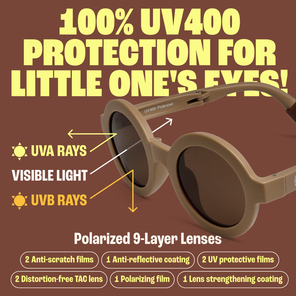 BABY SUNNIES Foldable Round Sunglasses - Brown, 2-8 Years - Unbreakable Design & Kids Sunglasses - Adjustable Strap & Kids Travel Essentials - Durable Bendable Frame & Road Trip Must Haves