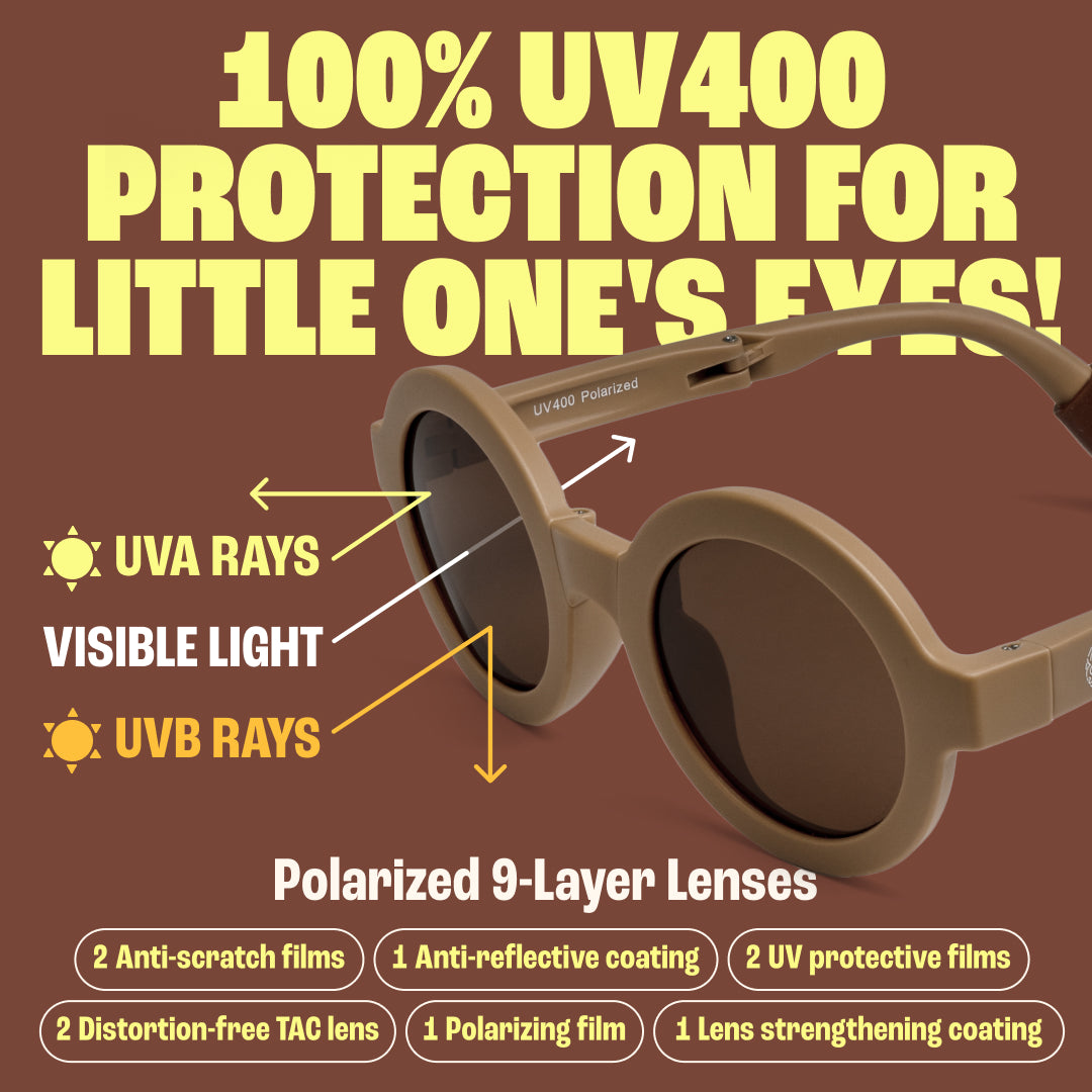 BABY SUNNIES Foldable Round Sunglasses - Brown, 2-8 Years - Unbreakable Design & Kids Sunglasses - Adjustable Strap & Kids Travel Essentials - Durable Bendable Frame & Road Trip Must Haves