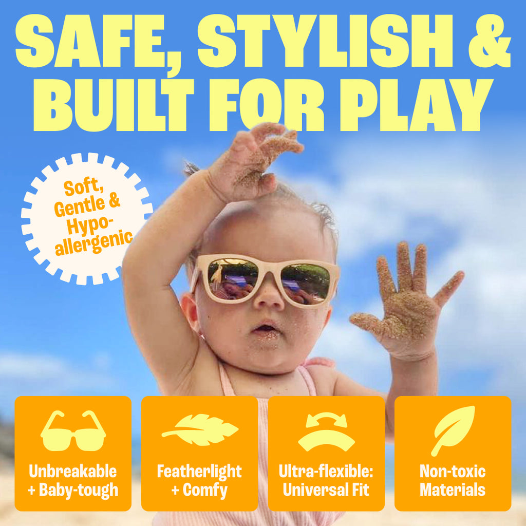 BABY SUNNIES Polarized Baby Sunglasses with Strap - 4 Pairs - Sky Blue, Navy Blue, Black & Pink - Unbreakable Flexible Infant Sunglasses - Toddlers Newborns 0-24 Months - Baby Travel Essential
